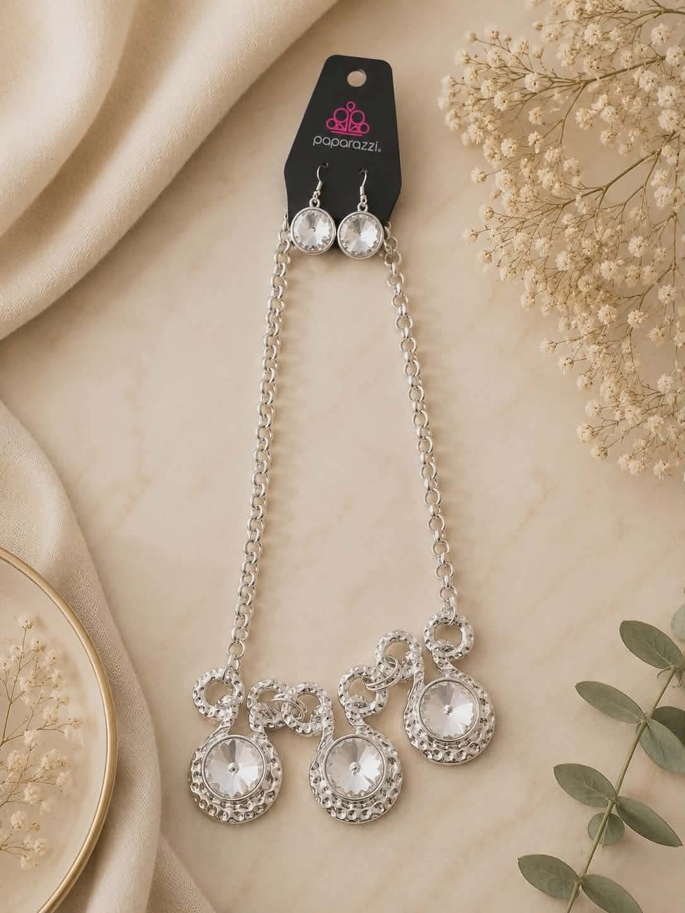 paparazzi Silver Clear Crystal Drop Necklace with Matching Earrings